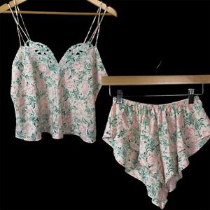 Victoria's Secret Pajama Set Womens M Pink Green Floral Satin Vintage Coquette